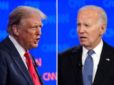 This combination of photos shows Republican presidential candidate former President Donald Trump, left, and President Joe Biden during a presidential debate hosted by CNN, Thursday, June 27, 2024, in Atlanta. (AP Photo/Gerald Herbert)