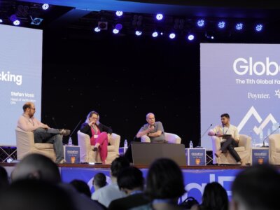 From left, European Fact-Checking Standards Network chair Carlos Hernández-Echevarría,  Lupa CEO Natália Leal,  Deutsche Presse-Agentur head of verification Stefan Voss, and Newschecker founder Rajneil Kamath speak on a panel about YouTube and fact-checking during the second day of GlobalFact 11, the International Fact-Checking Network's conference in Sarajevo, on June 27, 2024. (Photo: Vanja Čerimagić)